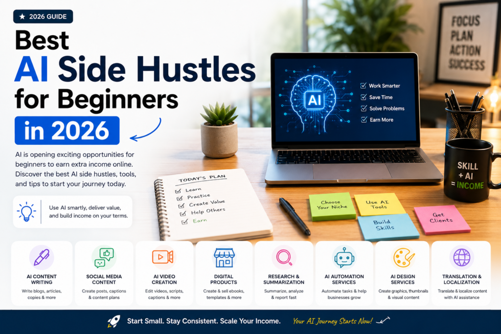 Discover the best AI side hustles for beginners in 2026. Learn how to use AI tools to earn online, start profitable projects, and build income streams.